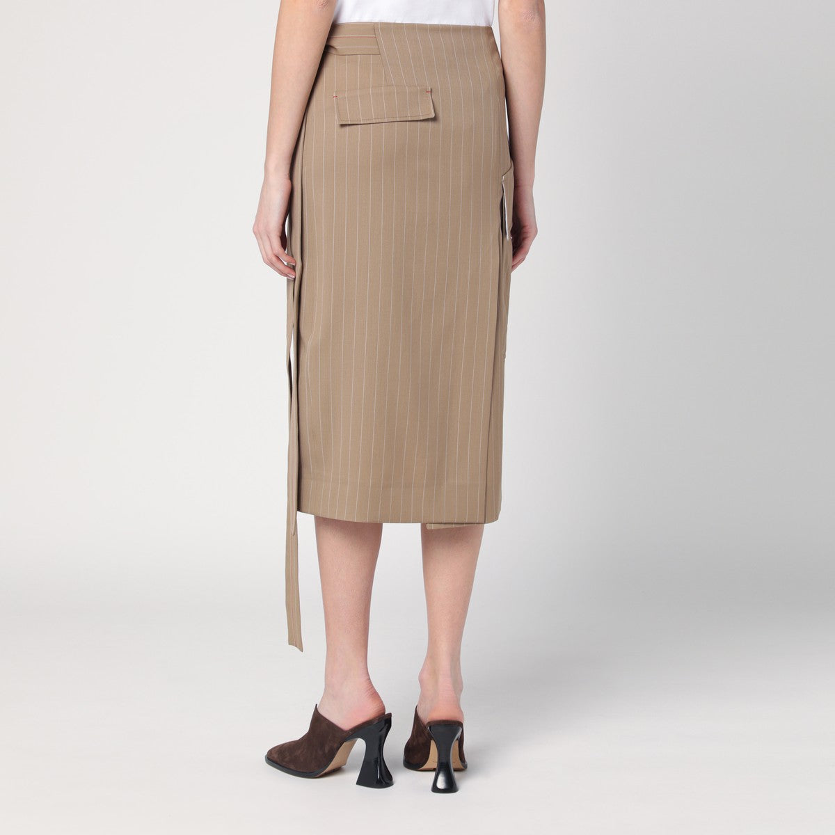 Victoria Beckham Sand Pinstriped Virgin Wool Wrap Skirt Beige