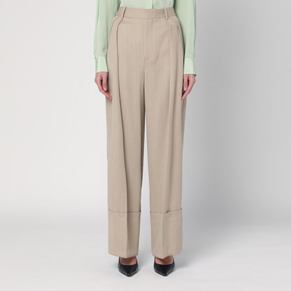 Victoria Beckham Wide-Leg High-Waist Virgin Wool Trousers Almond Beige