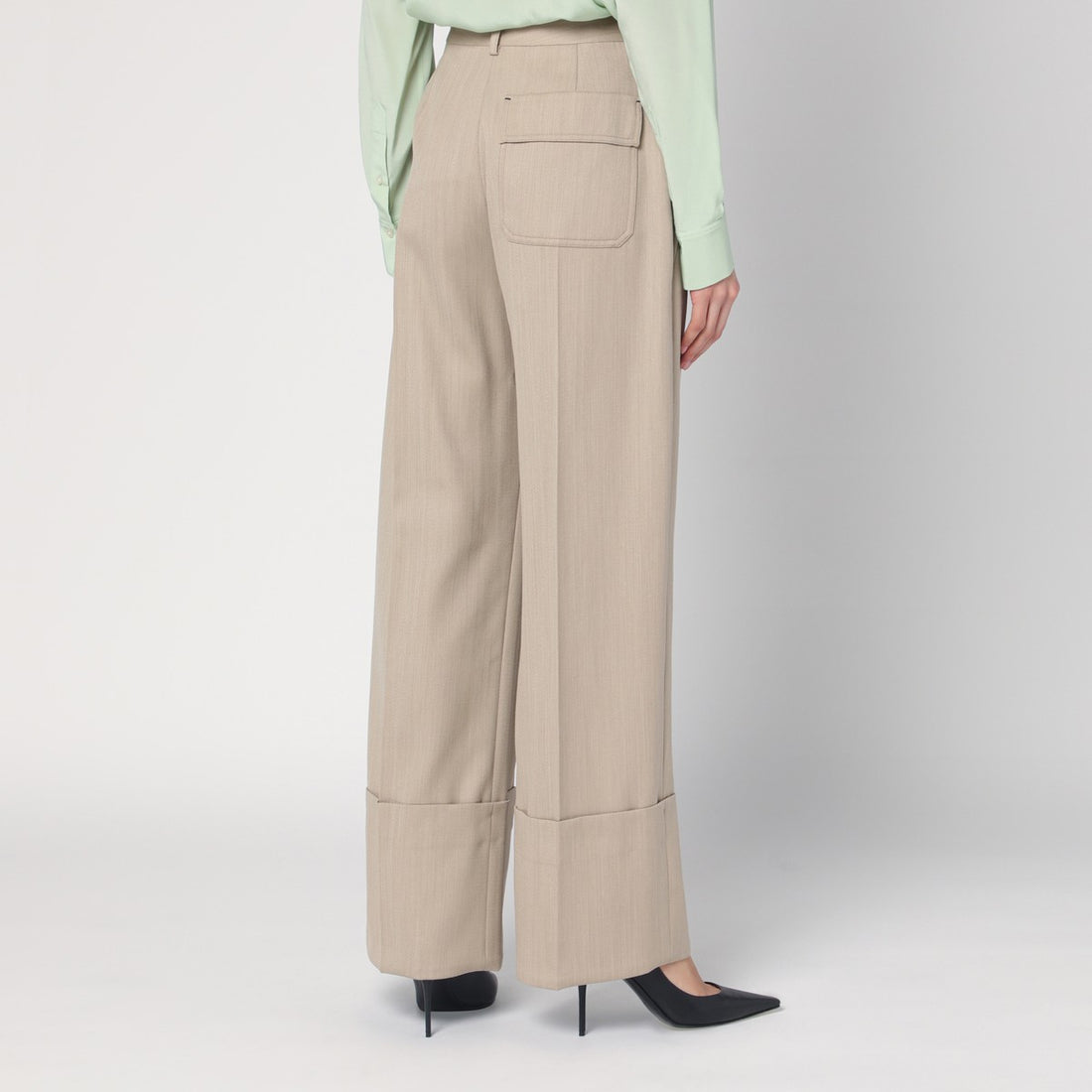 Victoria Beckham Wide-Leg High-Waist Virgin Wool Trousers Almond Beige