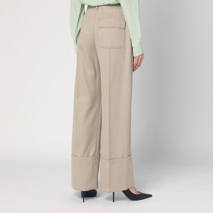 Victoria Beckham Wide-Leg High-Waist Virgin Wool Trousers Almond Beige