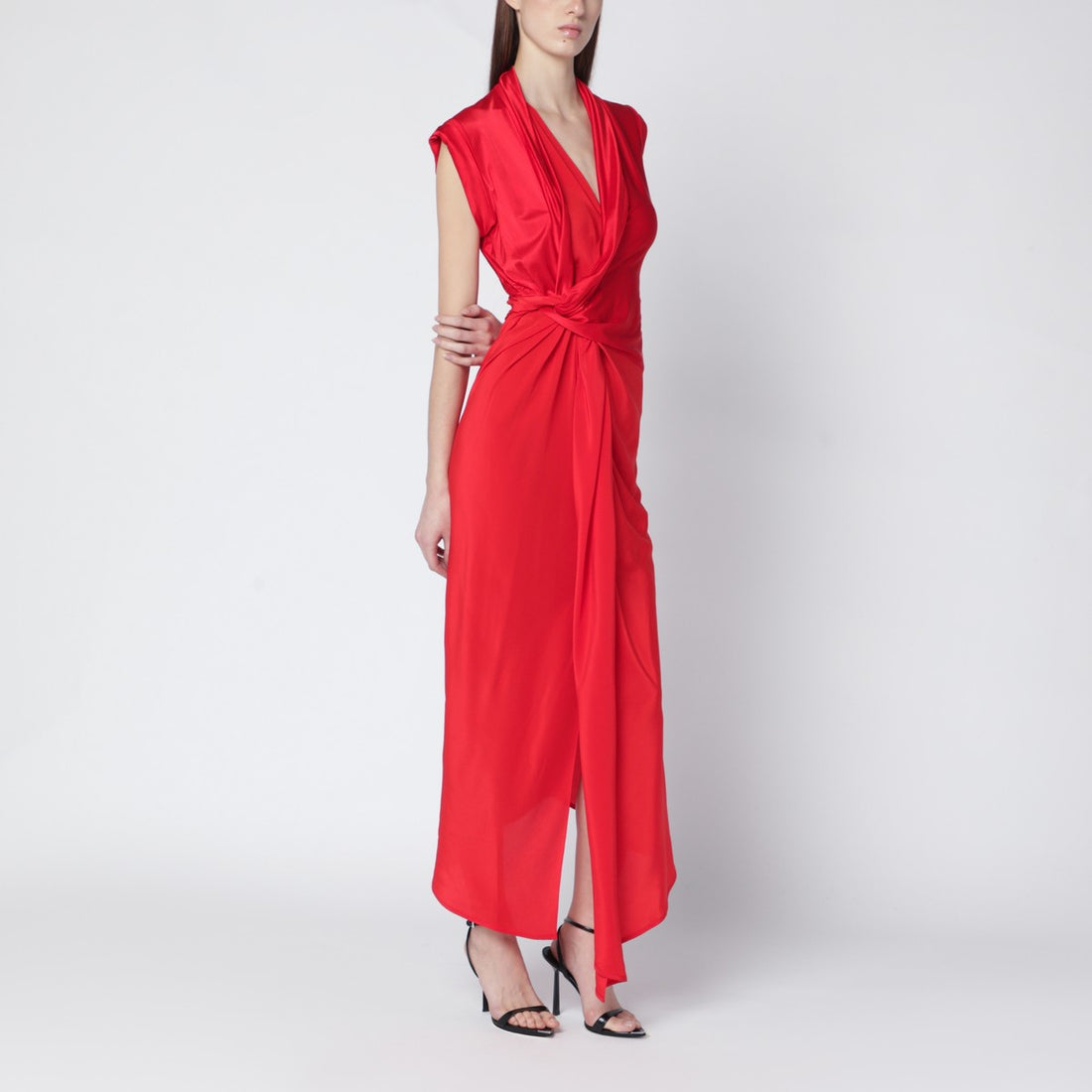 Victoria Beckham Red Asymmetric Draped Midi Dress in Shiny Jersey Red