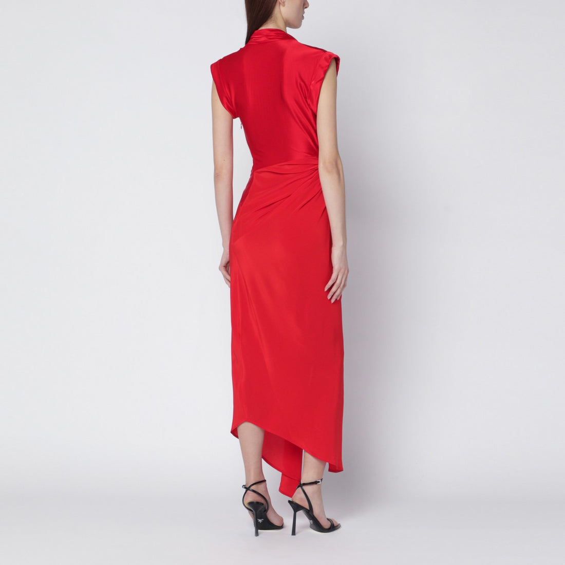 Victoria Beckham Red Asymmetric Draped Midi Dress in Shiny Jersey Red
