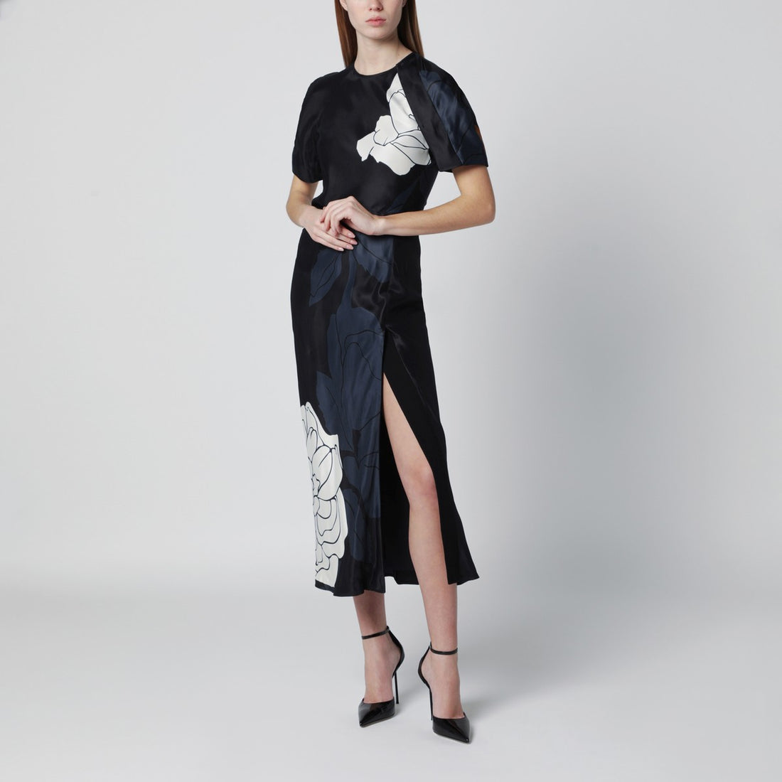 Victoria Beckham Eve Floral Satin Midi Dress Blue