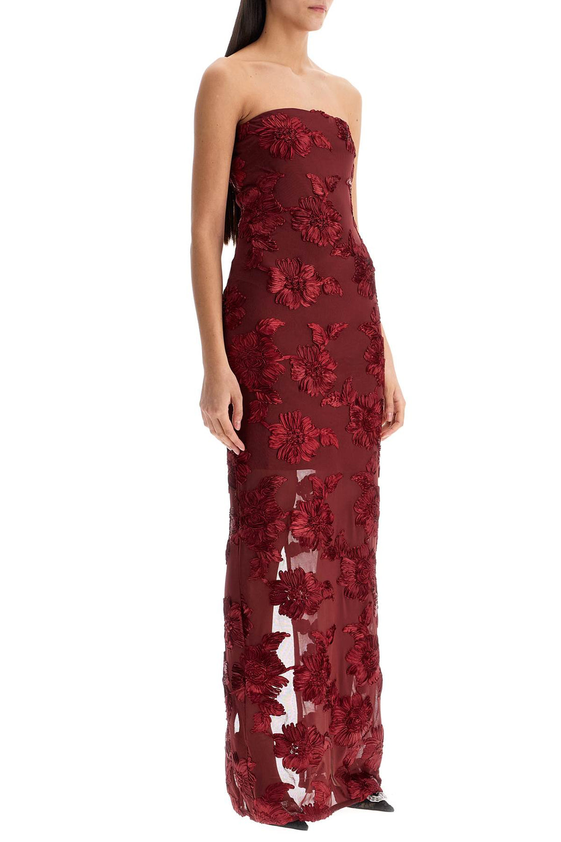 Rotate long mesh dress with embroidered flowers