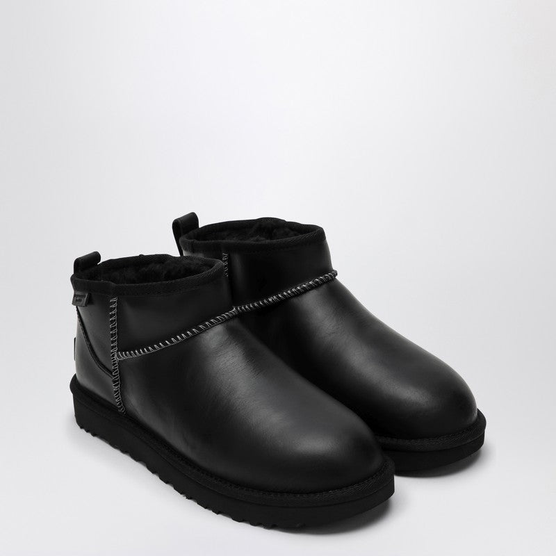 Ugg Classic Ultra Mini Black Leather Ankle Boots Black