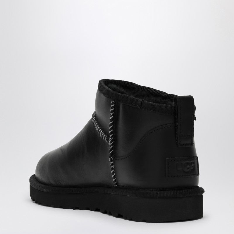Ugg Classic Ultra Mini Black Leather Ankle Boots Black