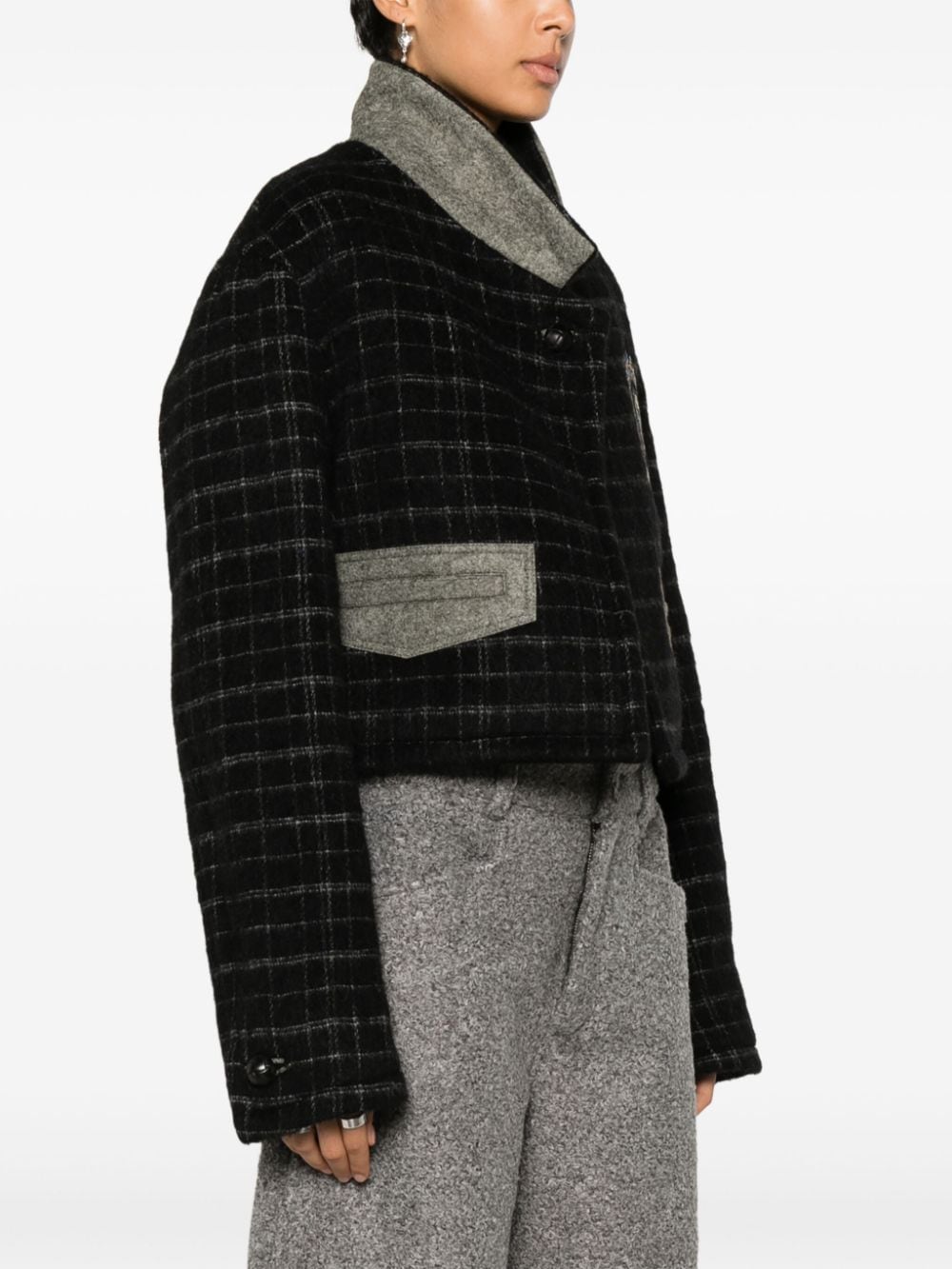 Etro Cropped Checked Wool-Blend Embroidered Jacket Black