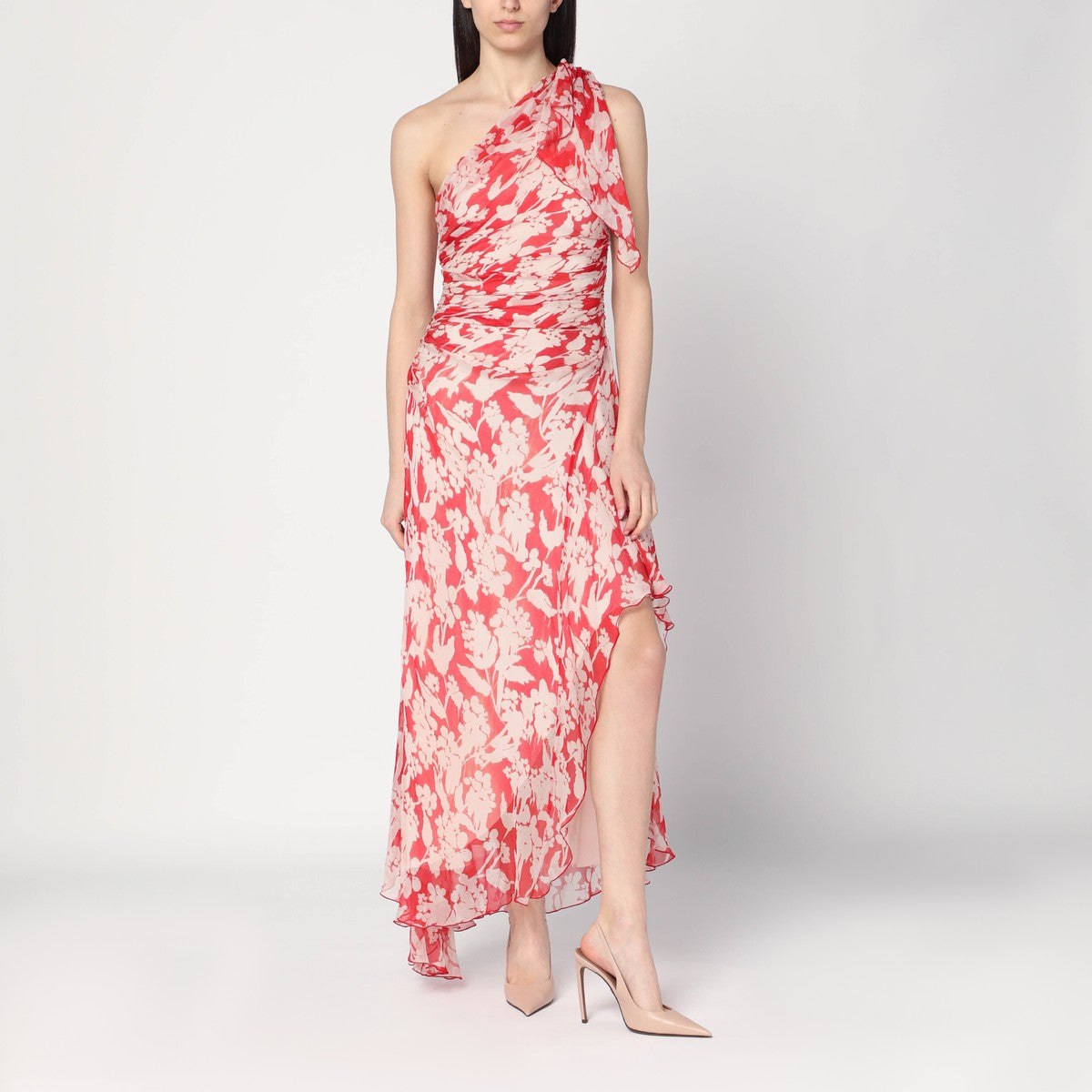 Victoria Beckham One-Shoulder Draped Floral Silk Midi Dress Red
