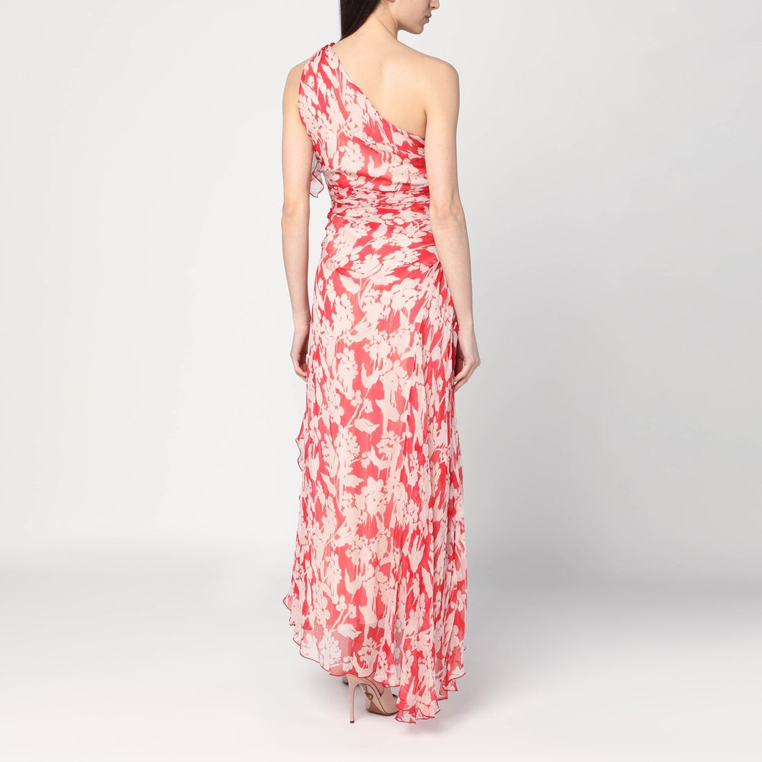 Victoria Beckham One-Shoulder Draped Floral Silk Midi Dress Red
