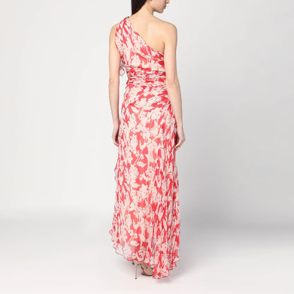 Victoria Beckham One-Shoulder Draped Floral Silk Midi Dress Red