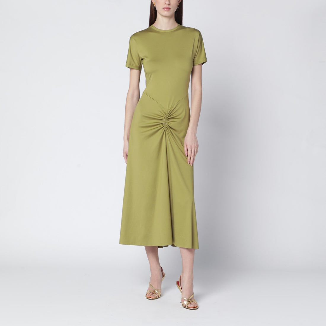 Victoria Beckham Blaire Gathered Waist Midi Dress in Yellowish Green Green