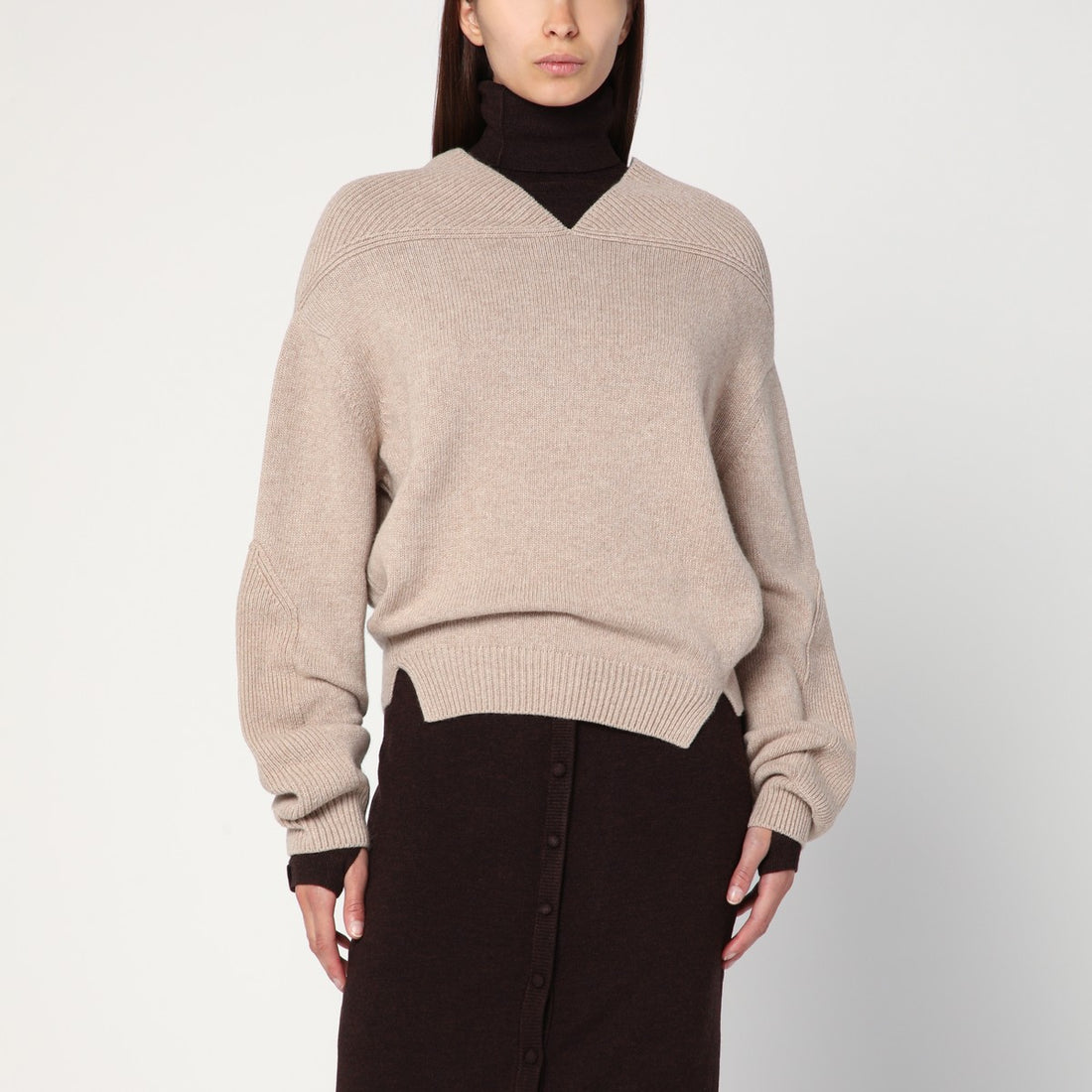Victoria Beckham Sand Wool and Cashmere V-Neck Sweater Beige