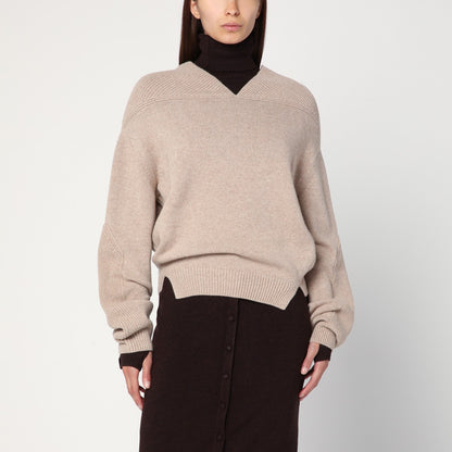 Victoria Beckham Sand Wool and Cashmere V-Neck Sweater Beige