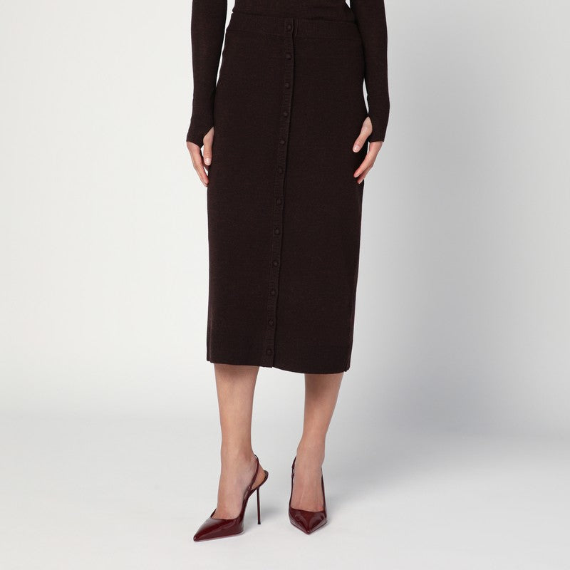 Victoria Beckham Brown Wool-Blend Ribbed Midi Skirt with Buttons Brown
