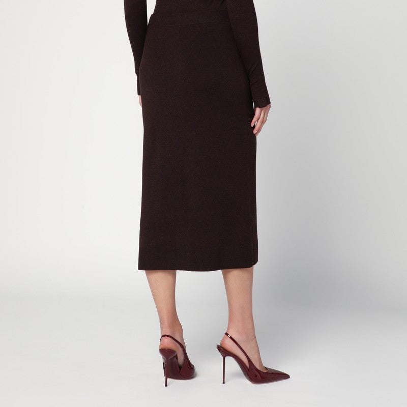 Victoria Beckham Brown Wool-Blend Ribbed Midi Skirt with Buttons Brown