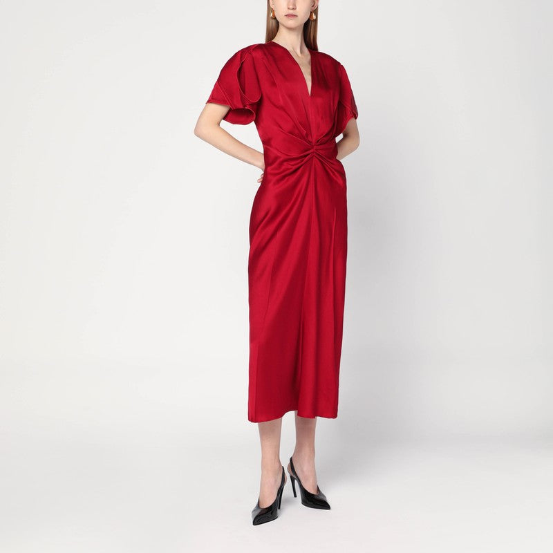 Victoria Beckham Fuchsia Pink Satin Midi Dress with Gathered Waist Pink