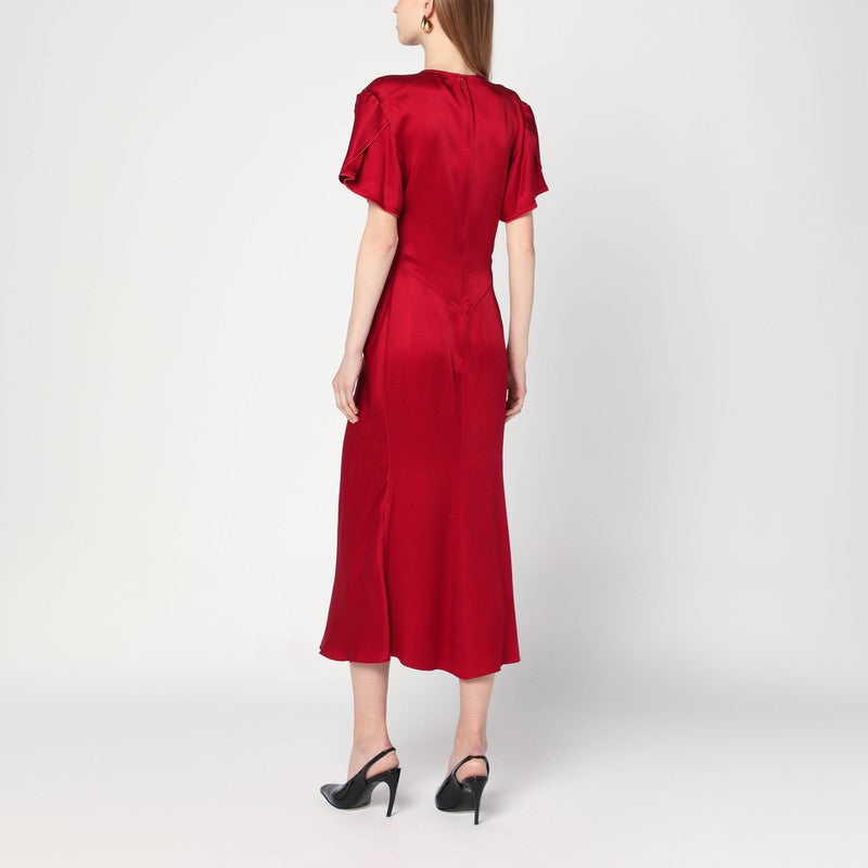 Victoria Beckham Fuchsia Pink Satin Midi Dress with Gathered Waist Pink