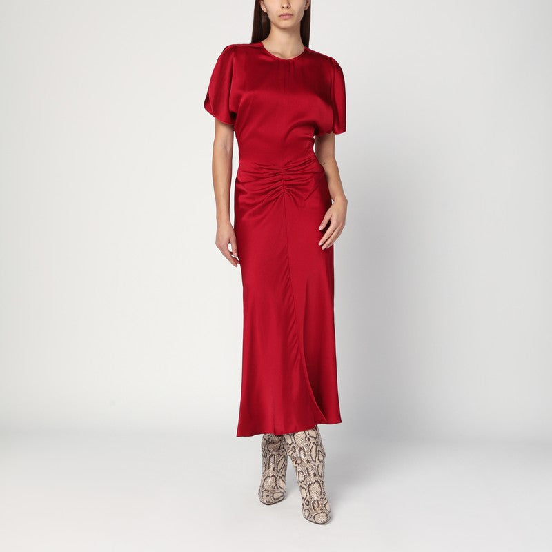 Victoria Beckham Fuchsia Satin Midi Dress With Gathered Waist Pink