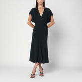 Victoria Beckham Dark Green Satin Midi Dress with Flared Sleeves Green