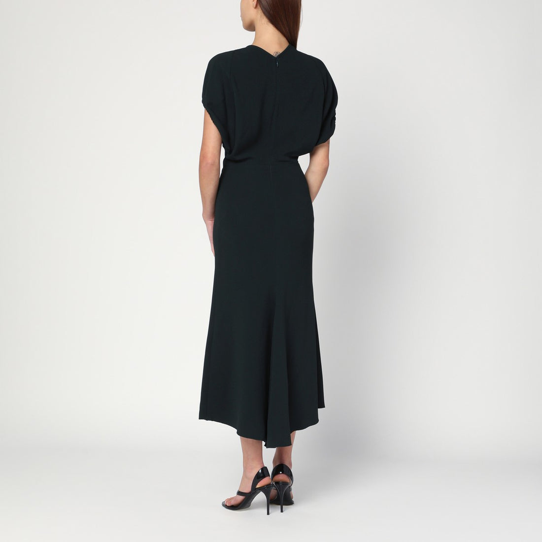Victoria Beckham Dark Green Satin Midi Dress with Flared Sleeves Green
