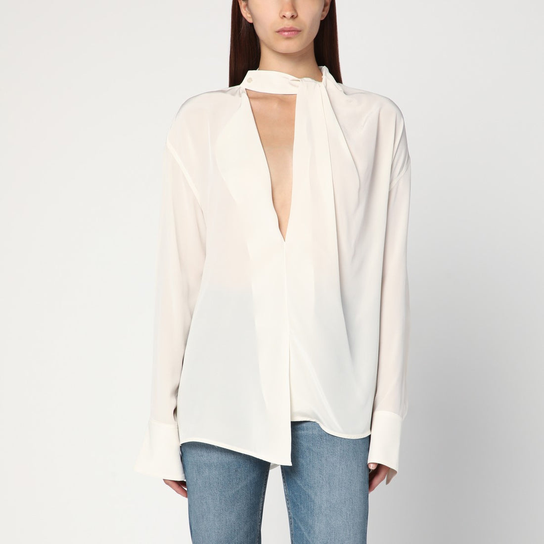 Victoria Beckham Ivory Draped Silk Blouse with Scarf Detail White