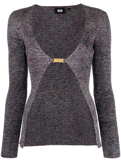GCDS Glittered V-Neck Knitted Cardigan Grey
