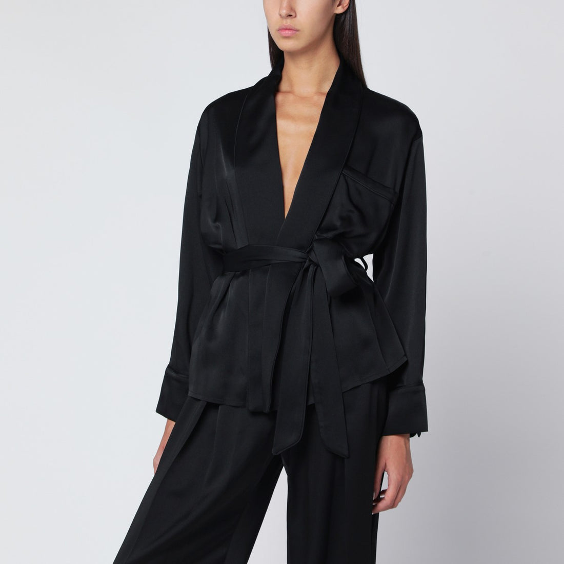 Victoria Beckham Black Crêpe Satin Pyjama Blouse with Shawl Collar Black