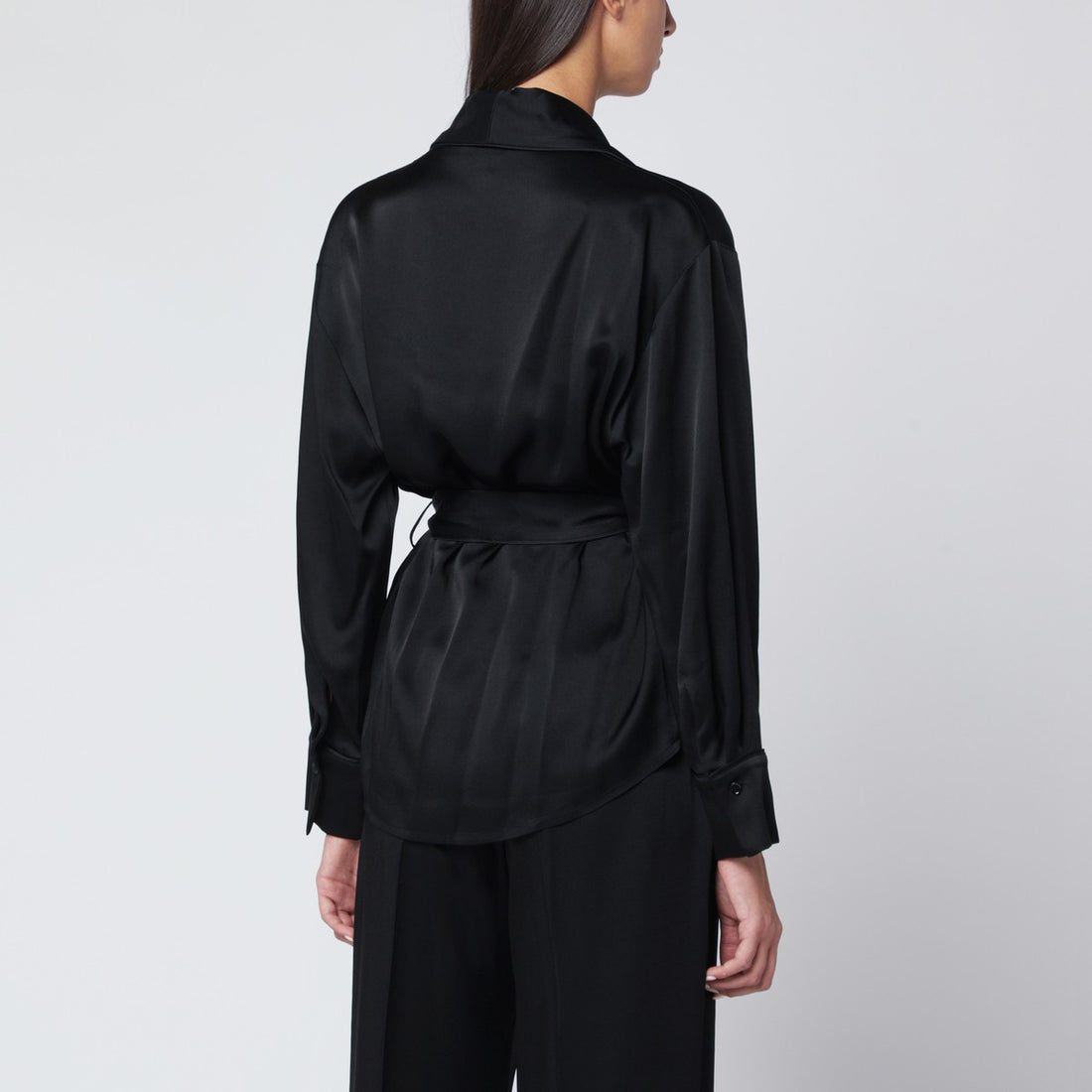 Victoria Beckham Black Crêpe Satin Pyjama Blouse with Shawl Collar Black