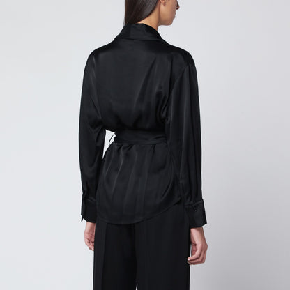Victoria Beckham Black Crêpe Satin Pyjama Blouse with Shawl Collar Black