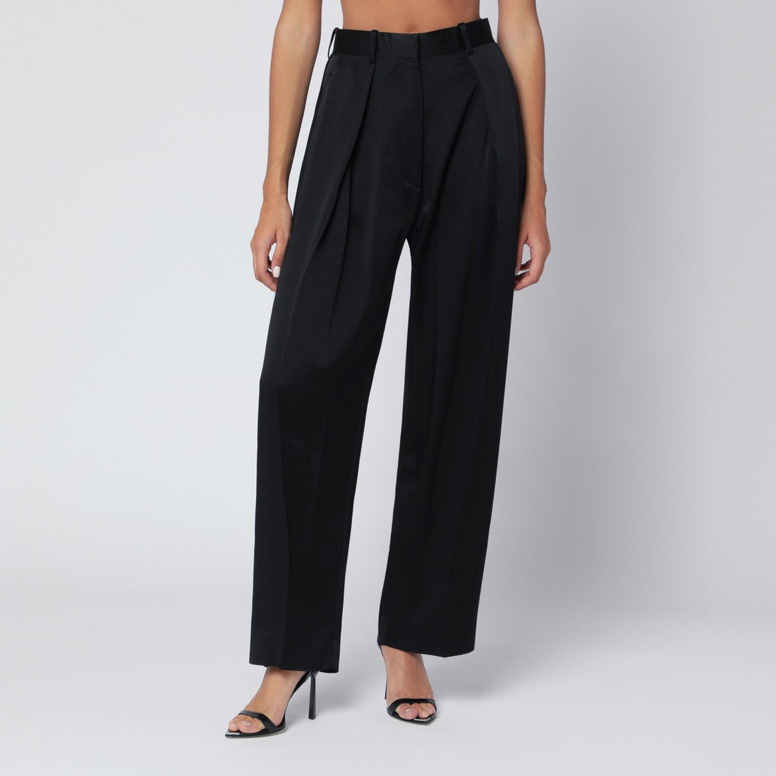 Victoria Beckham Black Pleated Wide-Leg Crêpe Satin Trousers Black