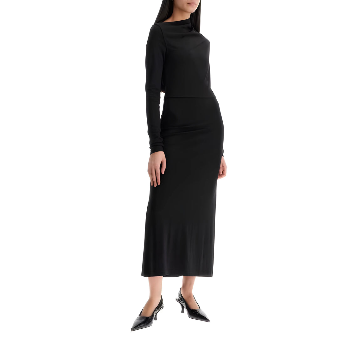 Toteme long draped dress with wide neckline in black long sleeve slim fit to ankle