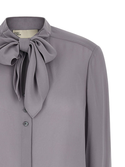 Tory Burch Georgette Bow Blouse Gray