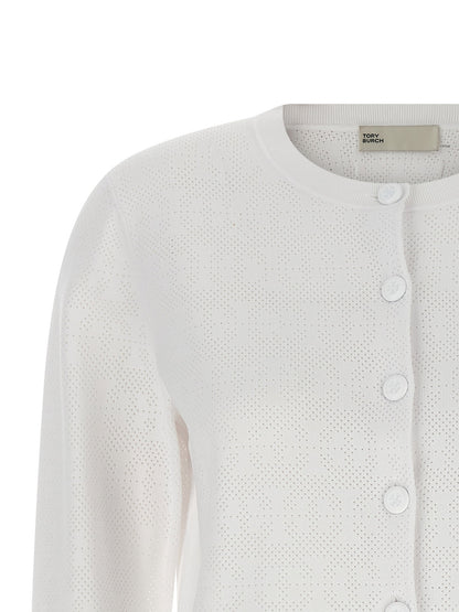 Tory Burch Pointelle Viscose Cardigan White