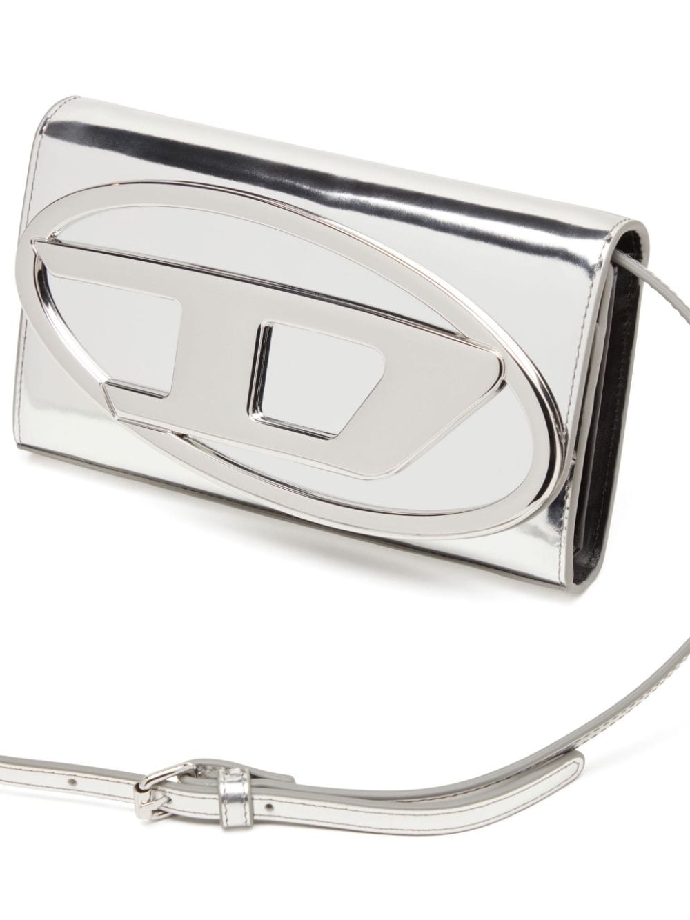 Diesel 1DR Silver Calf Leather Wallet on Chain with Adjustable Strap Silver