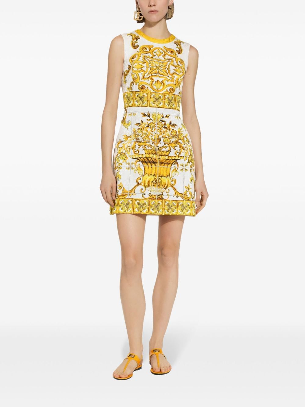 yellow silk Majolica print mini dress