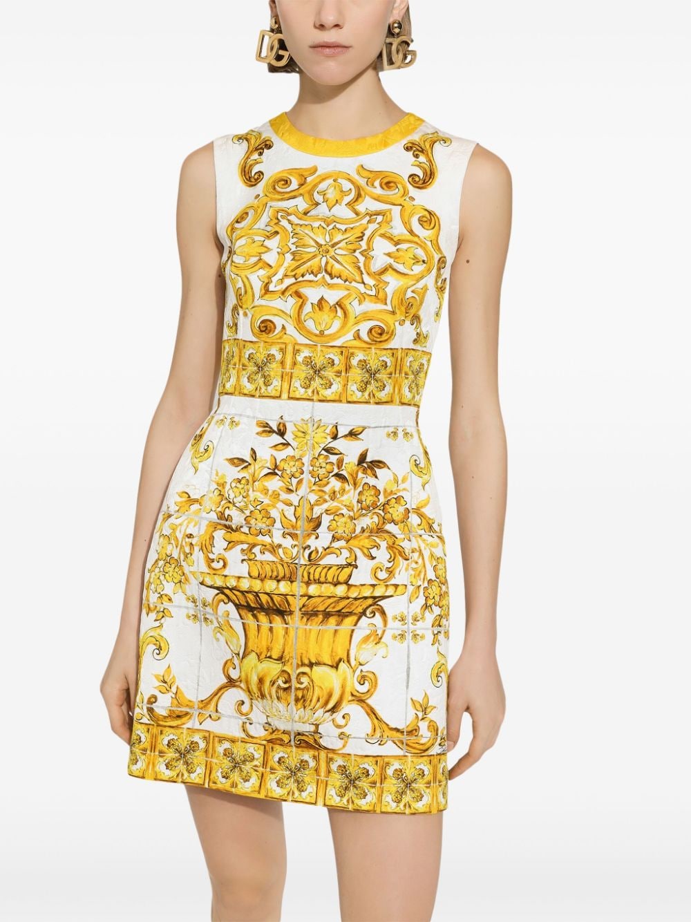 yellow silk Majolica print mini dress