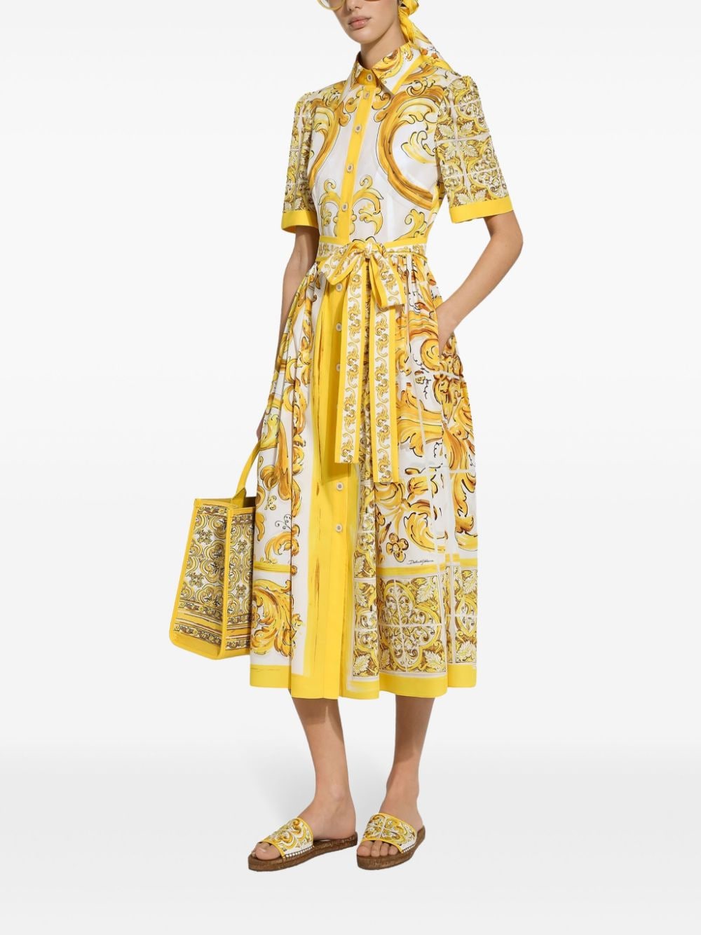 Midi shirt dress with majolica print