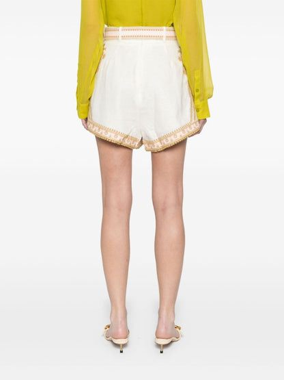 Zimmermann Embroidered Linen Slub Shorts with Adjustable Belt Beige