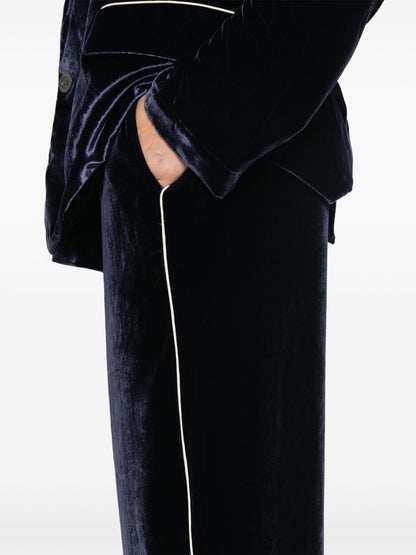 Pierre Louis Mascia Wide-Leg Velvet Trousers with Piped Detailing Blue