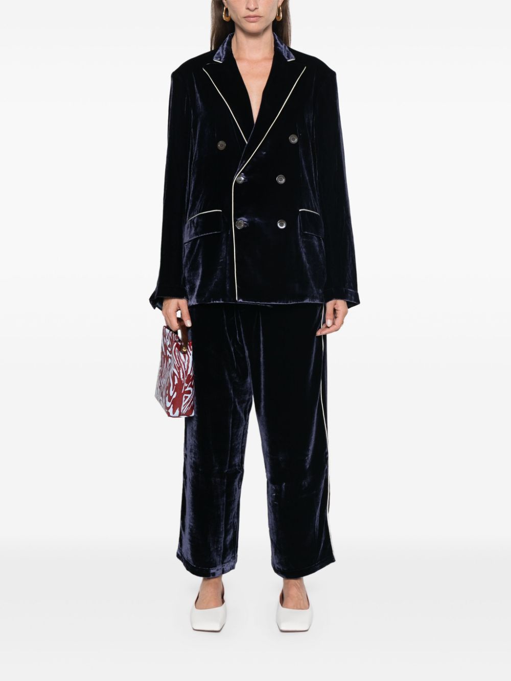 Pierre Louis Mascia Wide-Leg Velvet Trousers with Piped Detailing Blue