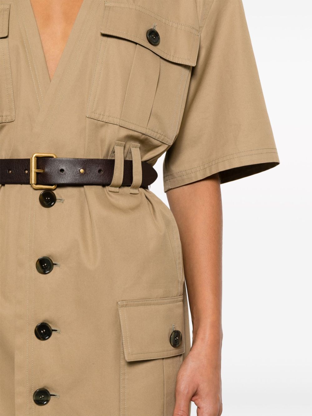 Saint Laurent Saharienne Cotton Twill Midi Dress Beige