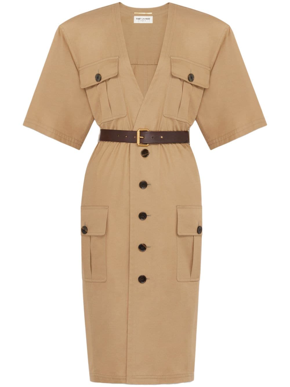 Saint Laurent Saharienne Cotton Twill Midi Dress Beige