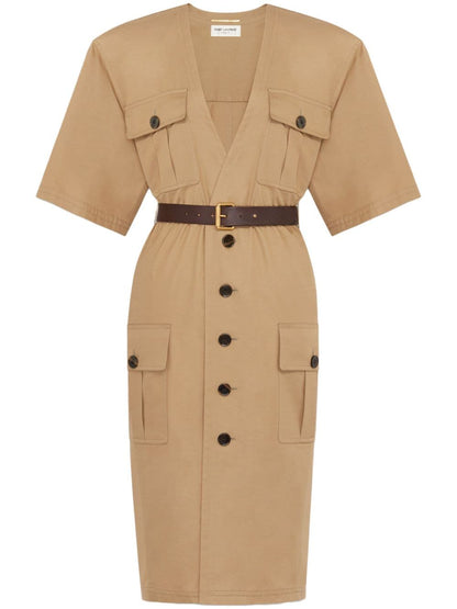 Saint Laurent Saharienne Cotton Twill Midi Dress Beige
