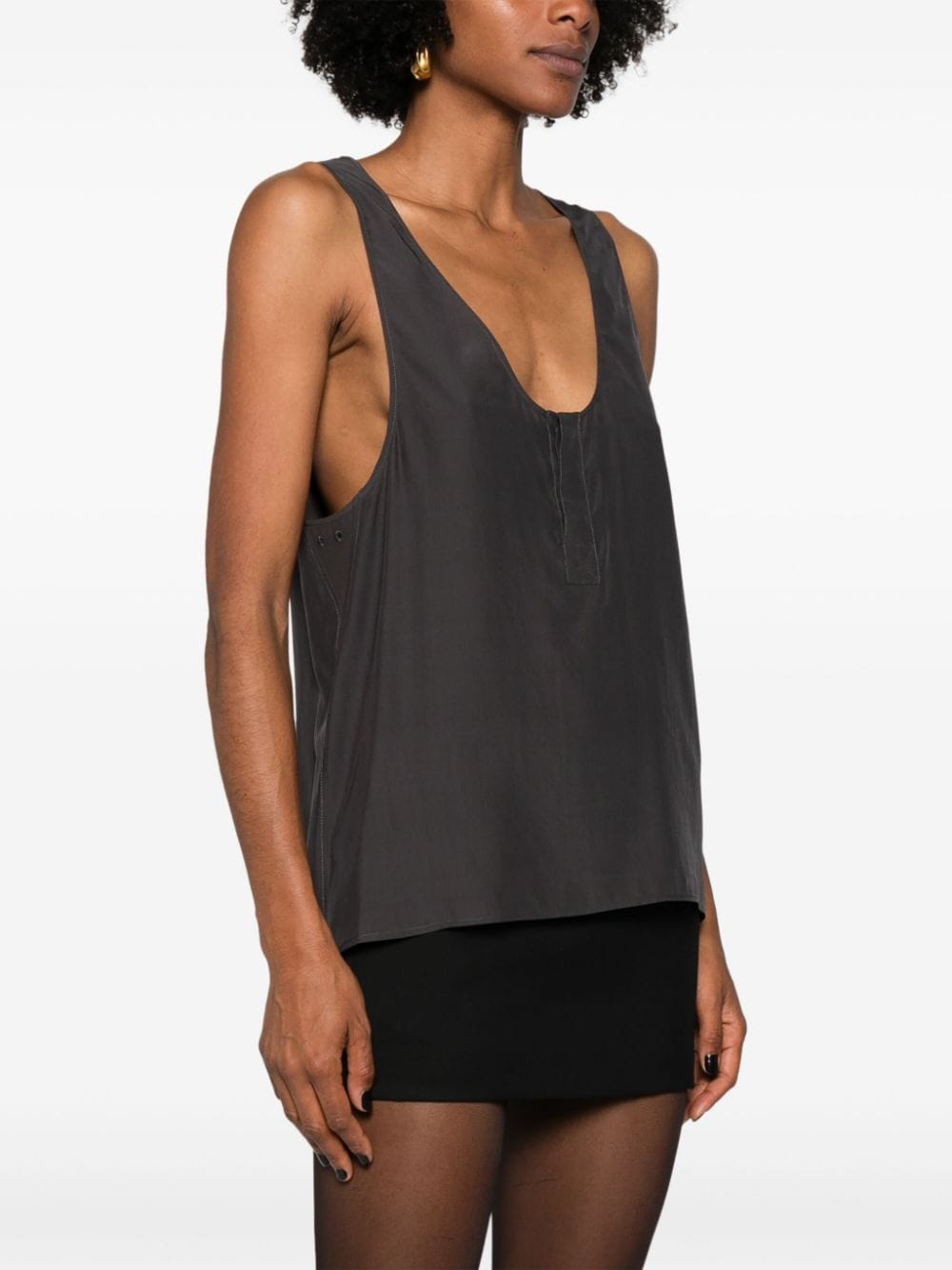 Saint Laurent Silk Satin Sleeveless Henley Top Grey