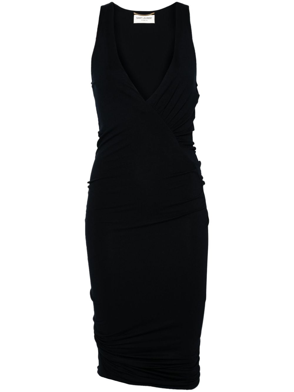 Saint Laurent Ruched V-Neck Sleeveless Mini Dress Blue