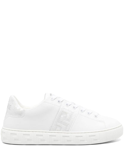 Versace Greca Embellished Faux Leather Sneakers White