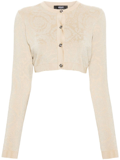 Versace Barocco Lurex Cropped Cardigan Beige