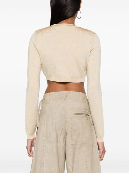 Versace Barocco Lurex Cropped Cardigan Beige