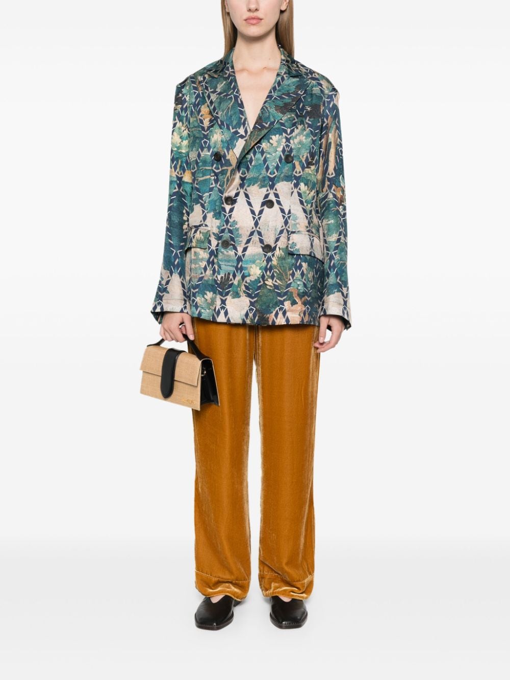 Pierre Louis Mascia Double-Breasted Printed Silk Jacket Beige