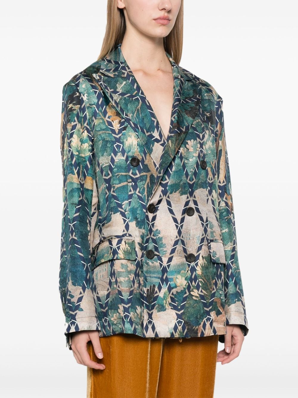 Pierre Louis Mascia Double-Breasted Printed Silk Jacket Beige